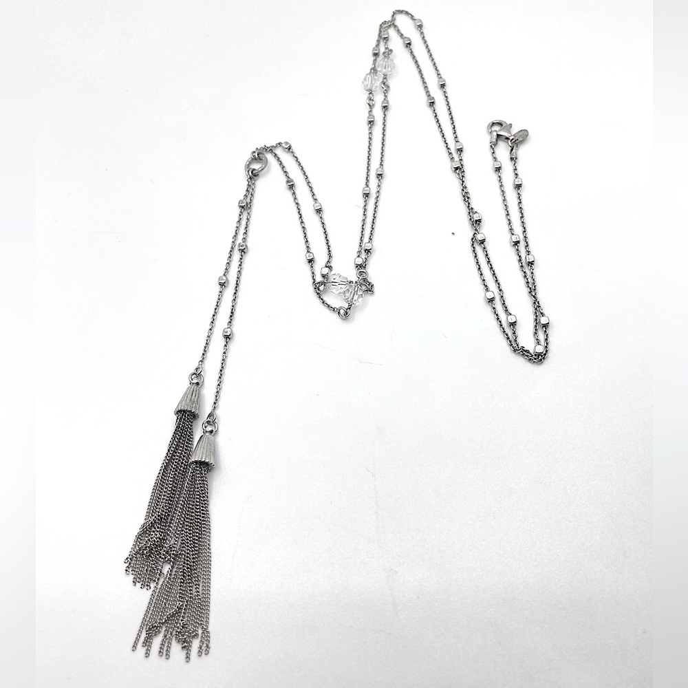 Dyadema Sterling Silver & Crystal Lariat Tassel Chain Super Long 34” + 5” Drop